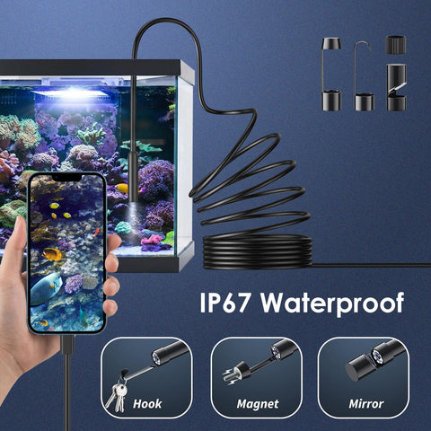 Aquarium inspection using Endoscope Camera With Light 1920P HD Borescope with 16.4 ft semi-rigid cable, IP67 waterproof.