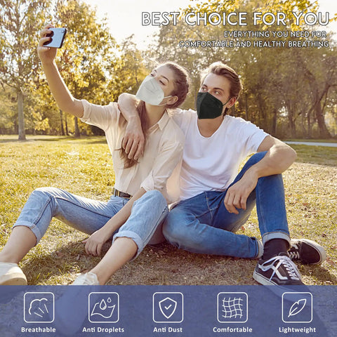 Couple wearing Five Layer Breathable Face Mask Pack For Adults With Cup Design And All Day Comfort Fit Protection Against PM25 Dust