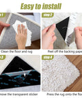 Installation steps for Ultra Thin Non Slip Rug Tape For Hardwood Floors, showing cleaning, peeling, placing, and pressing on rug and floor.