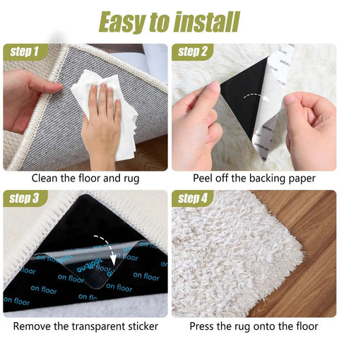 Installation steps for Ultra Thin Non Slip Rug Tape For Hardwood Floors, showing cleaning, peeling, placing, and pressing on rug and floor.