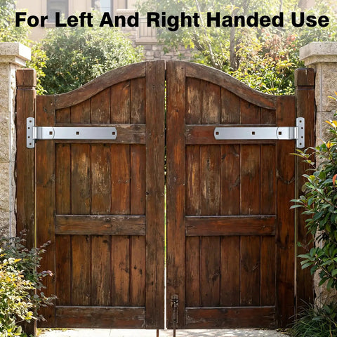 Four Pack 12 Inch Stainless Steel Strap Hinges Heavy Duty Gate Hardware For Sheds Barns And Swing Doors Silver Finish mounted on wooden gate.