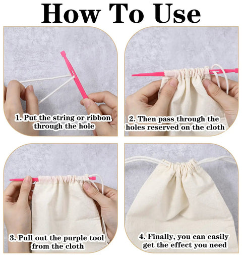 Instructional guide using the Ten Piece Tube Turner Sewing Tool Kit for Fabric Tubes demonstrating the process with a drawstring bag.