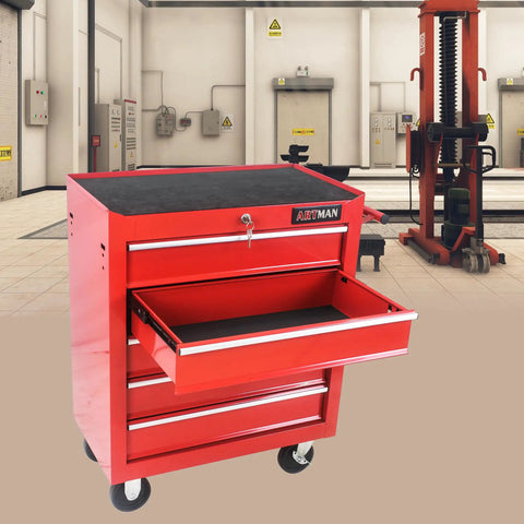 29 Inch Sturdy Steel Rolling Tool Chest With Drawers And Ball Bearing Slides, Brake Wheels, Red Garage Tool Storage Cabinet