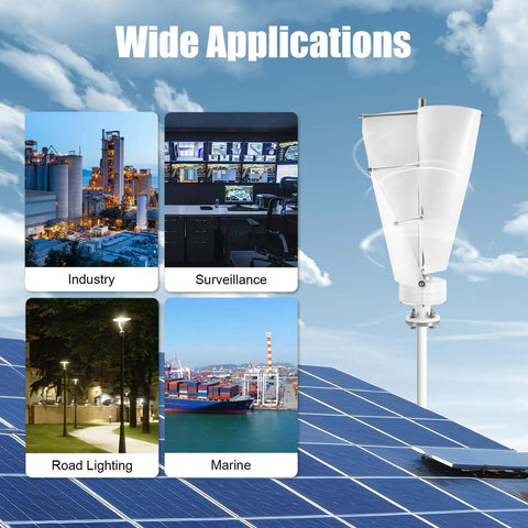 100W Vertical Axis Wind Turbine Kit With Controller And 2 Blades For Home Use shown with various applications