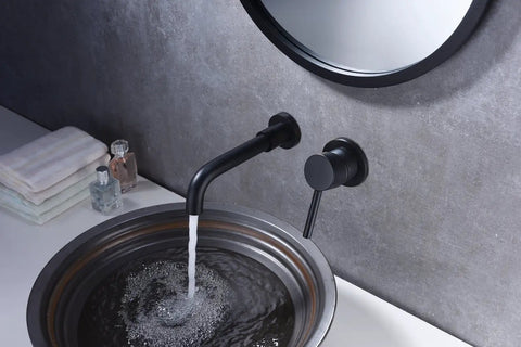 Wall Mount Bathroom Faucet Matte Black With RoughIn Valve Included Solid Brass Valve Body Corrosion And Tarnish Resistant Finish Vessel Sink Ready HighFlow Design Model S1385DI BuiltToLast Easy Install over round sink