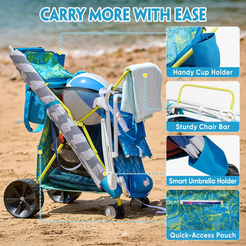 All Terrain Beach Wagon With Oversized Sand Wheels Collapsible Cart With Cooler Bag And Umbrella Holder on the sand