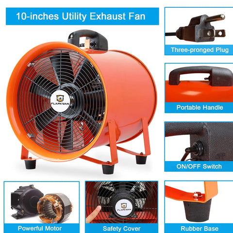 Beast 10 Inch Utility Blower With 3010 CFM, 350W Copper Motor, Portable Industrial Ventilation Fan, 33 Foot Duct Hose, orange design