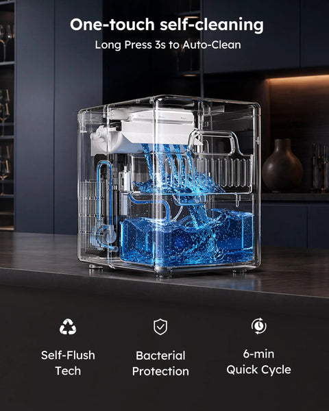 Fast Countertop Ice Maker Turns Out Eight Bullet Shaped Cubes In Six Minutes With auto-clean feature and visible water flow.