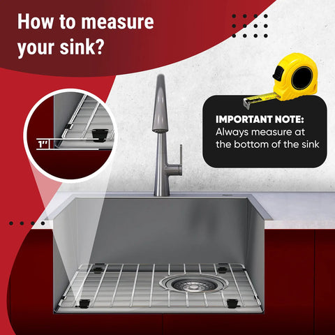 Graphic of kitchen sink with Two Pack Stainless Steel Sink Grates 12 x 14 Inches showing measurement instructions and tape measure