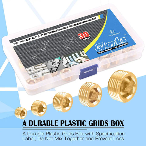 Brass Pipe Plug Fitting Set, 30 Pieces, NPT Male Plugs In One Eighth Inch, One Quarter Inch, Assortment Kit In Durable Plastic Case