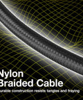 Close-up of braided nylon texture of DirectSync 100W PD USB-C To USB-C Cable 3Ft Braided Built For Fast Charge And Quick Data Sync No Fuss Compatible With FLIR C5 Boss Grade USB Type-C Cable Jet Black.