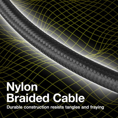 Close-up of braided nylon texture of DirectSync 100W PD USB-C To USB-C Cable 3Ft Braided Built For Fast Charge And Quick Data Sync No Fuss Compatible With FLIR C5 Boss Grade USB Type-C Cable Jet Black.