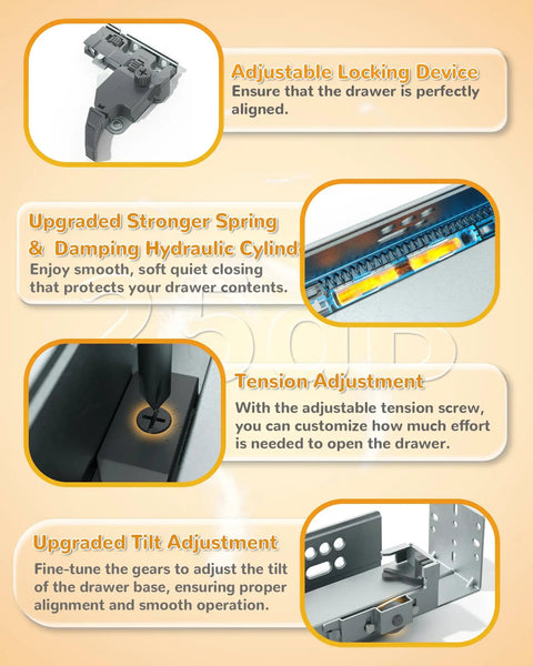 One Pair 15 Inch 5D Undermount Soft Close Drawer Slides With Full Extension, Locking Device, Rear Mount Brackets, Concealed Bottom Mount Rails, Face Frame Cabinet Runners, 100 Lb Load Capacity, Plus Easy 5D Tilt And Height Adjust. Adjustable locking device for drawer slides.