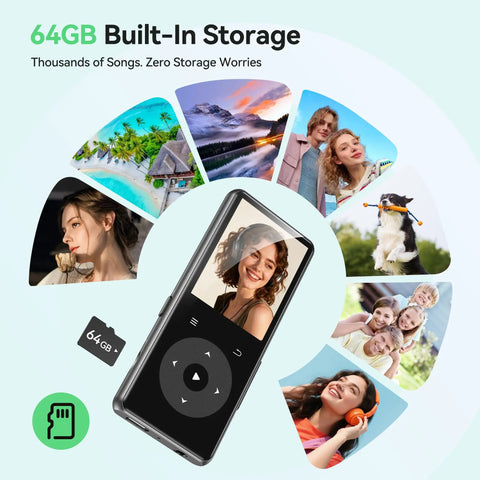 Bluetooth Mp3 Player With Auto Reconnect Five Point Four One Point Eight Inch Screen 64GB Memory Built In Speaker Micro SD