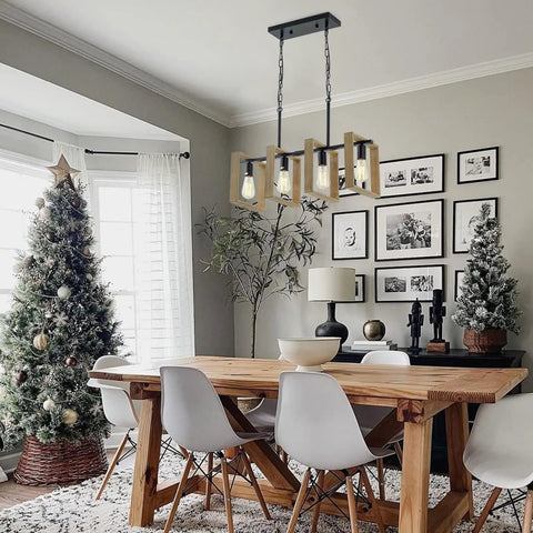 Dope Farmhouse Kitchen Light Fixtures 4 Light Adjustable Pendant Chandelier With Wood Frame And Black Metal Finish for dining room