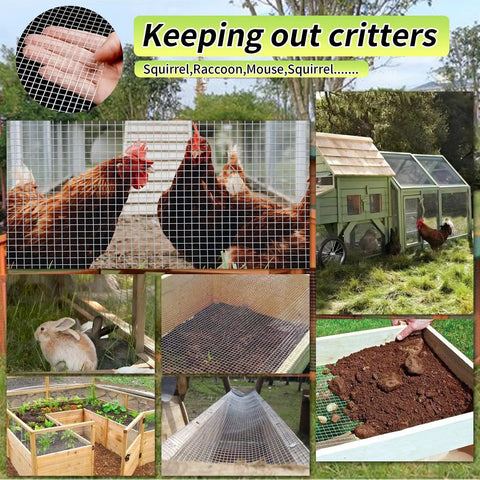 Collage of Rugged Heavy Duty Galvanized Wire Mesh Roll 8 Inch By 10 Foot 23 Gauge With 1/4 Inch Openings for enclosures.