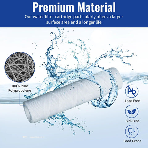 5 Pack 10 Inch By 2.5 Inch Sediment Water Filter Cartridges 5 Micron Replacement showcasing polypropylene and water splash effect