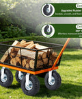 Heavy Duty 10 Inch Pneumatic Caster Wheels Set Of 4 With 2 Swivel And 2 Rigid Hubs Knobby Rubber Tires on utility cart filled with wood.
