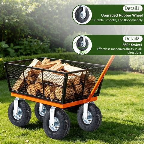 Heavy Duty 10 Inch Pneumatic Caster Wheels Set Of 4 With 2 Swivel And 2 Rigid Hubs Knobby Rubber Tires on utility cart filled with wood.