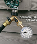 MEASUREMAN water pressure gauge with 2.5-inch dial, 0–200 PSI, and 3/4-inch hose thread attached to an outdoor faucet.