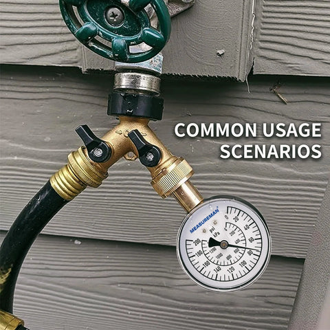 MEASUREMAN water pressure gauge with 2.5-inch dial, 0–200 PSI, and 3/4-inch hose thread attached to an outdoor faucet.