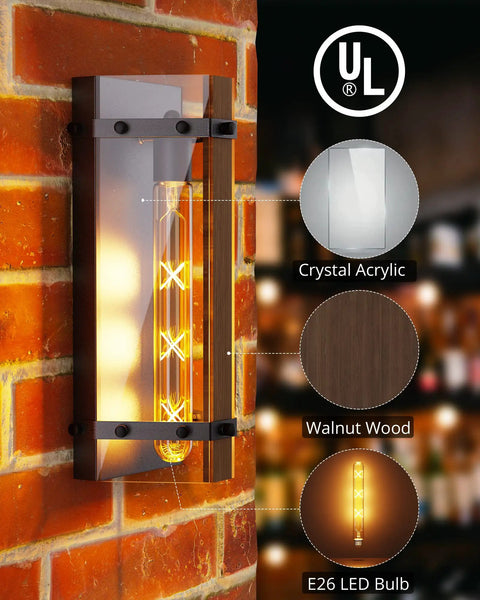 Industrial Wall Sconces Set Of Two With Walnut Wood And Black Metal Vintage Rustic Lantern Style Wall Lighting Fixtures E26 Base 2700K Bulbs Perfect For Cozy Vibes In Bedroom Living Room Dining Room Foyers And Hallways, featuring crystal acrylic and UL certification.