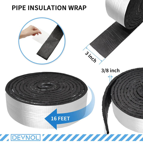 Pipe Insulation Wrap Foam Foil Tape Self Adhesive Three Eighths Inch Thick Three Inch Wide Sixteen Feet Long Easy Install No Tools Required For Outdoor Water Pipes Weatherproof Winter Freeze Protection