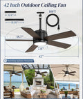 42 Inch Outdoor Ceiling Fan With Light And Remote, IP65 Waterproof Outdoor Hanging Fan For Gazebo Patio Porch Garage, Plug In Design
