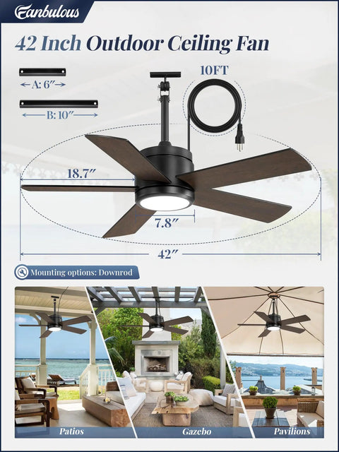42 Inch Outdoor Ceiling Fan With Light And Remote, IP65 Waterproof Outdoor Hanging Fan For Gazebo Patio Porch Garage, Plug In Design