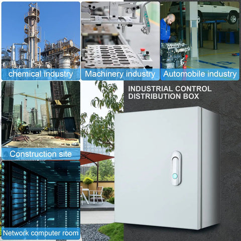Rugged Heavy Duty Steel Electrical Junction Box For Indoor And Outdoor Use, Wall Mounted All Weather Weatherproof Dustproof Metal Enclosure with Locking Latches shown with usage examples in various industries.