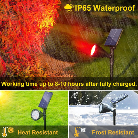 Solar Spot Lights Outdoor 2 Pack with 7 Color Modes Dope Waterproof Landscape Lights 600LM for House Backyard showcasing IP65 waterproof feature