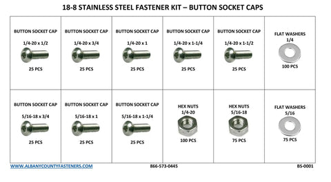 Stainless Steel Button Head Socket Cap Screw Kit With Nuts And Washers, 551 Pieces, Includes 1/4-20 And 5/16-18 Sizes layout