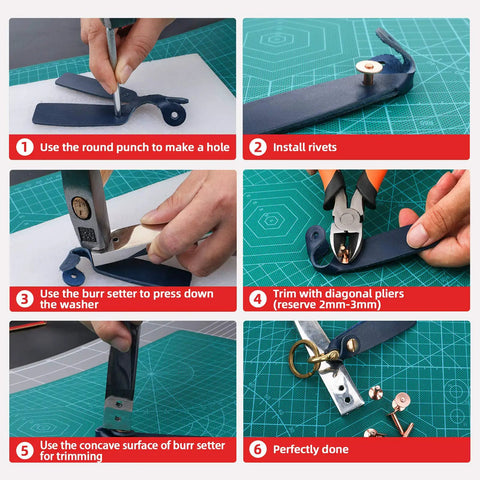 Instructions for using Copper Rivets And Burrs Leather Working Kit With 80 Pieces 4mm Copper Shank Includes 2 In 1 Setter