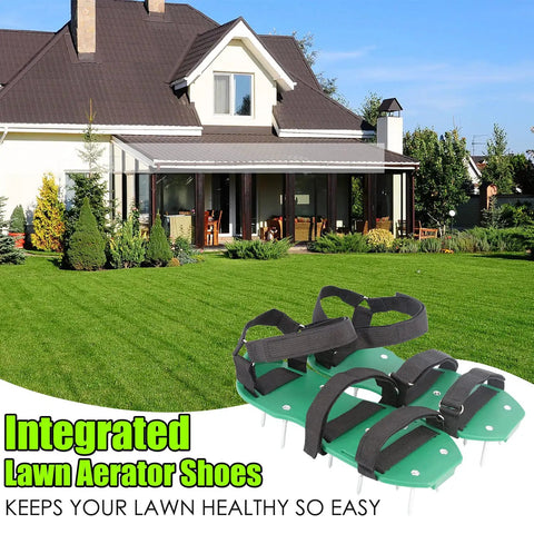 Lawn Aerator Shoes With Strong Hook And Loop Straps For Quick Easy Aerating Of Soil in front of a neatly maintained lawn.