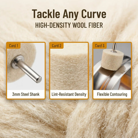 Close-up of 3mm steel shank and lint-resistant density of 50 Piece Wool Polishing Buffing Wheels For Drill Attachments