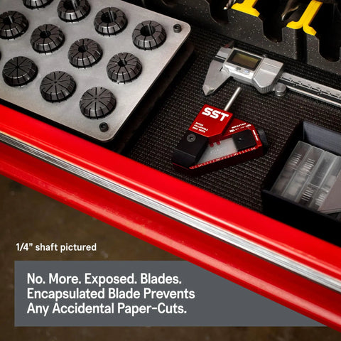Toolbox with precise measurement tools and a labeled SST product, highlighting encapsulated blades to prevent paper cuts.
