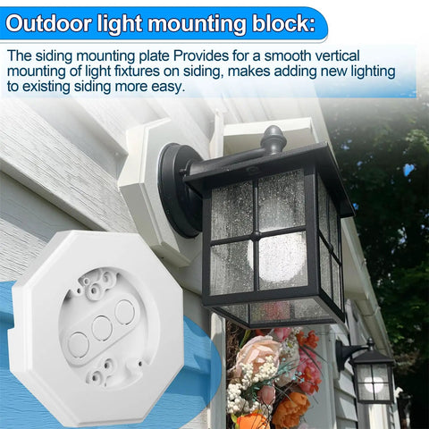 PVC Vertical Siding Lamp Mounting Kit With Built In Electrical Box For Exterior Lights Four Inch Diameter Octagon Mount Fits Half Inch Siding on outdoor wall