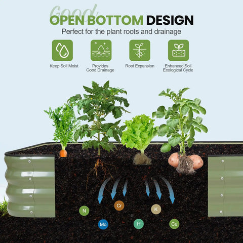 Open bottom design of 4-In-1 Adjustable Raised Garden Bed Kit With Galvanized Planter Boxes For Vegetables And Flowers showing root growth benefits.