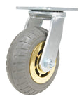 Heavy Duty Flat Free Swivel Caster Six Inch Diameter Two Inches Wide Solid Rubber Tread Rated 617 Pounds showing solid rubber wheel and zinc base.