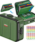 Bombproof Fireproof Document Box With Lock Hard Case Organizer For Important Papers Passports Certificates And Laptop Water Resistant Safe Storage For Home Office Green, shown open with organized files and documents inside.