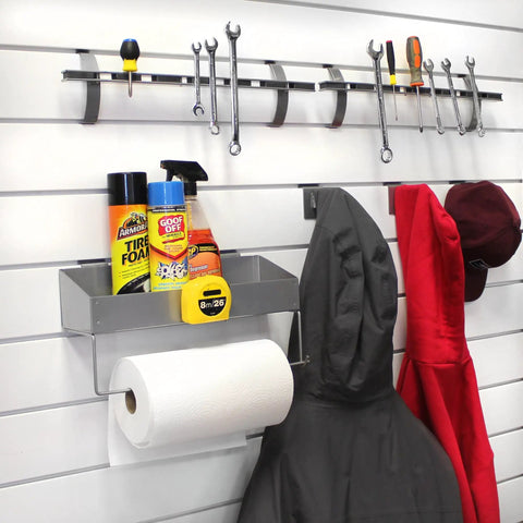 All In One Slatwall Organizer Kit For Panels With Solid Shelf Paper Towel Holder Three Ball Tipped Coat Hooks And Two Magnetic Tool Holders in use