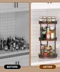 3 Tier Rotating Lazy Susan Spice Rack With Adjustable Height For Cabinet Pantry And Kitchen Counter, displayed with organized bottles.