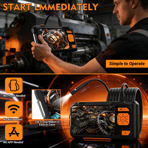 Mechanic using Dual Lens Endoscope Camera With Light 1080P HD Borescope 5 Inch IPS Screen 16.5Ft for machinery inspection