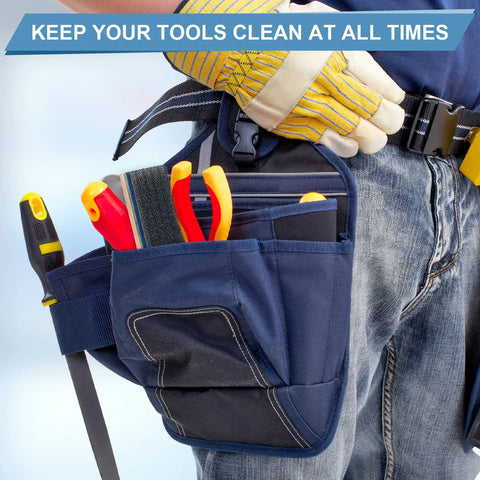 Person wearing tool belt with tools, highlighting importance of keeping tools clean, linked to 2 Piece Steel File Card Brush Set 8 Inch Abrasive Hand File Cleaner For Removing Chip Metal Bits And Debris Durable Wear Resistant Steel Bristles Ergonomic Grip For Easy Cleaning Of Tools And Surfaces.