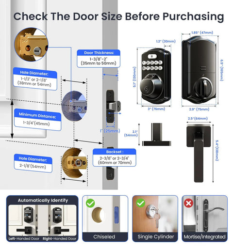 Diagram showing measurements and installation guide for Built In WiFi Fingerprint Smart Lock With Lever Handle Set No Hub Needed