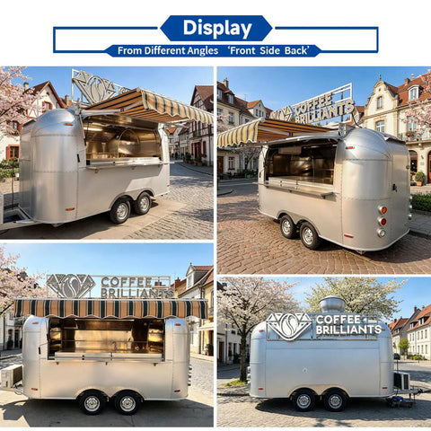 Direct From Yard Aluminum Commercial Food Truck With Dot Certified Mobile Catering Trailer showing different angles and awning.