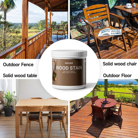 A Super Slick Water Based Wood Stain And Sealer In One Dark Oak Shade With Complete Brush Kit on outdoor furniture and floors.