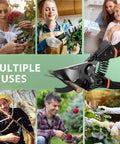 Collage showing Two Piece Pruning Set With 8.5 Inch Bypass Pruner And 6.5 Inch Precision Snips For Yard Work in use by various people