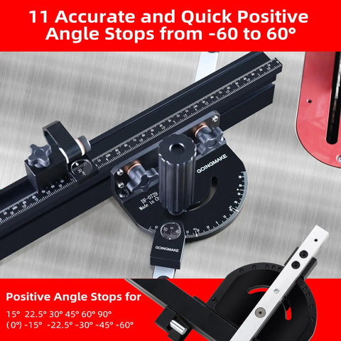 Professional Portable Miter Gauge For Table Saw With 18 Inch Fence And Quick Release Flip Stop, showing precise angle stops from -60 to 60 degrees.