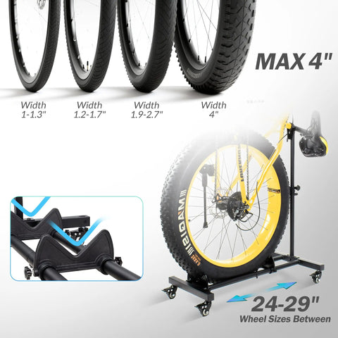Vertical Bike Stand Freestanding Rack With Adjustable Height For 29 Inch Wheels 360 Degree Lockable Wheels Portable Indoor Bike Holder For Garage Or Apartment Easy To Move Across Rooms And Storage Spaces displayed with a 29 inch wheel.